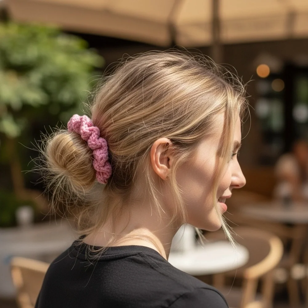 Chic Pink Crochet Hair Scrunchie